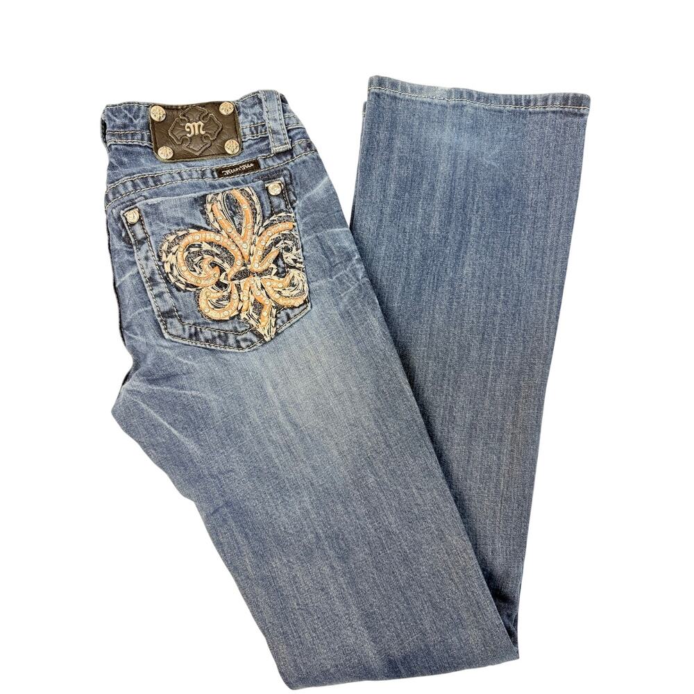 Miss Me Bootcut Jeans Womens 29 Medium Wash Fleur De Lis Embroidered Y2K